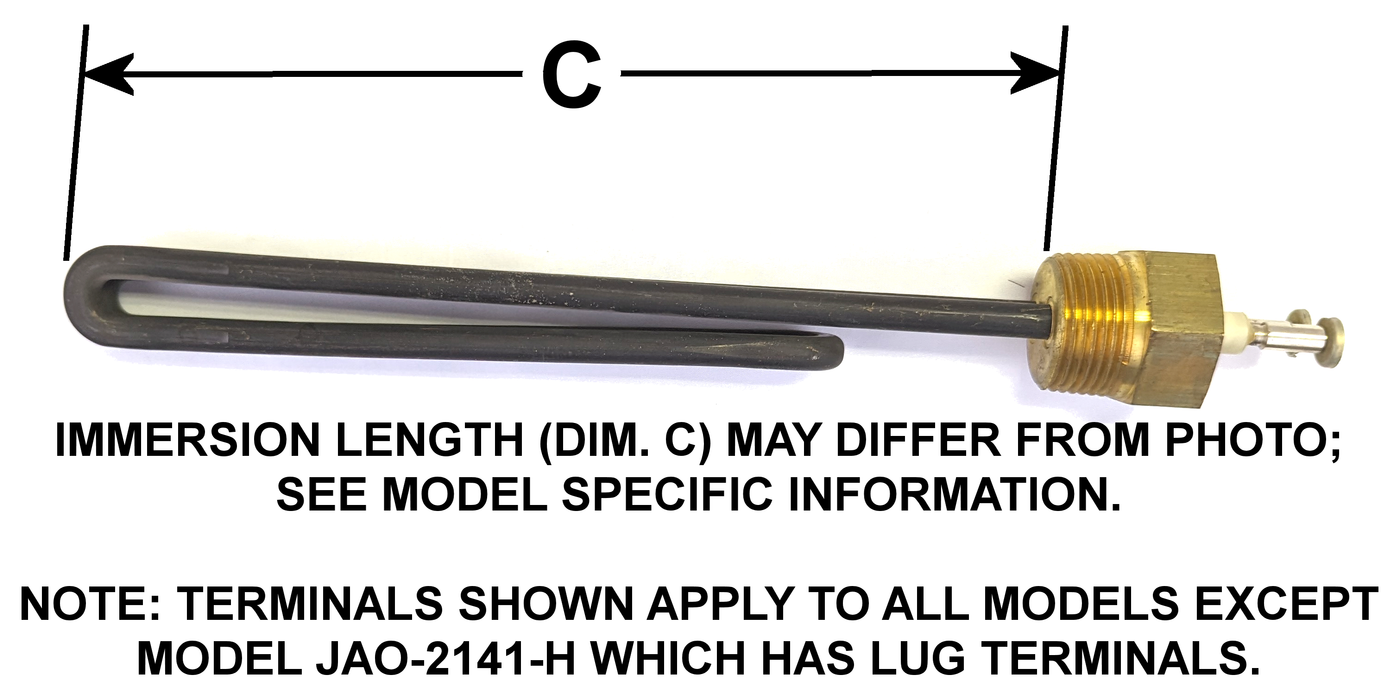 JAO-2141-L Model: 2180W @ 220V 1-Phase, 15" Immersion Length Jackson Dishwasher Booster Immersion Elements, 1" MPT Screw Plug
