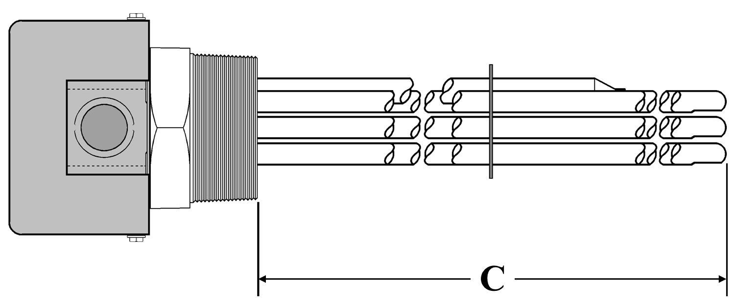 AA-10023-SSN Models: 10000W @ 208V 3-Phase 25" Immersion Length Unregulated Incoloy Sheath With Stainless Steel 2-1/2" NPT Screw Plug Immersion Elements