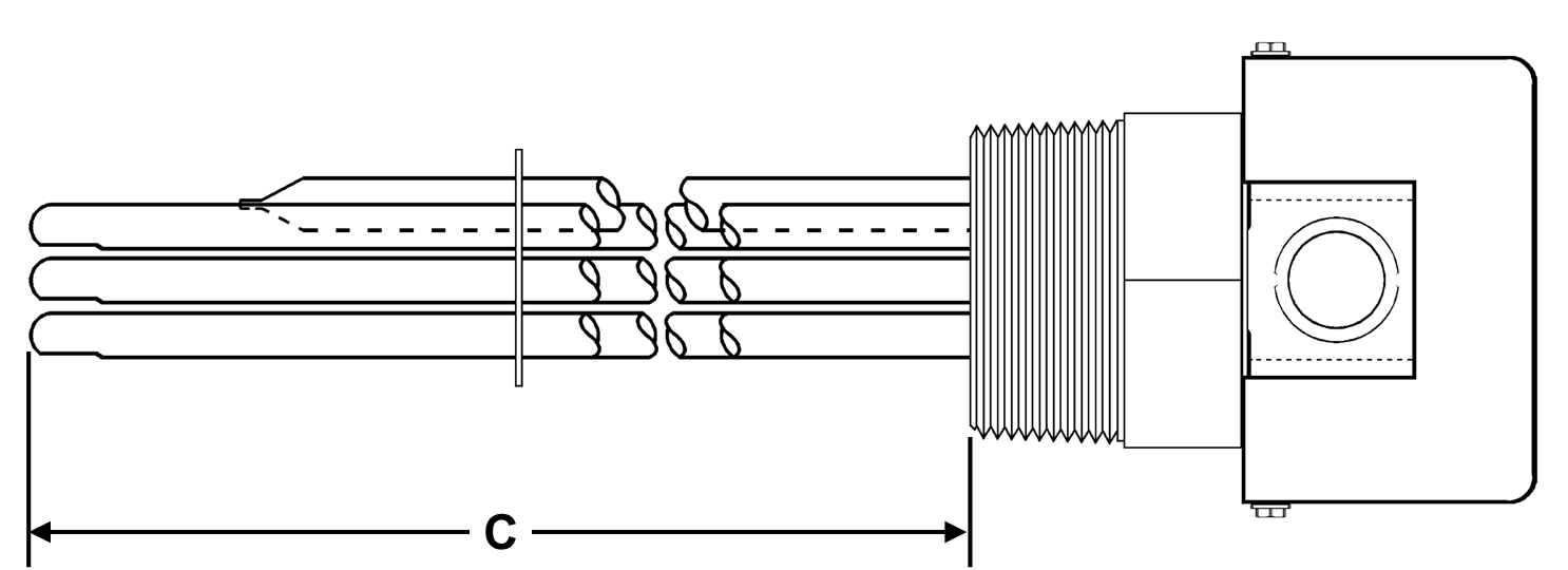 CC-3023 Model: 3000W @ 208V 3-Phase 11" Immersion Length Unregulated Copper Sheath With Brass 2-1/2" NPT Screw Plug Immersion Elements