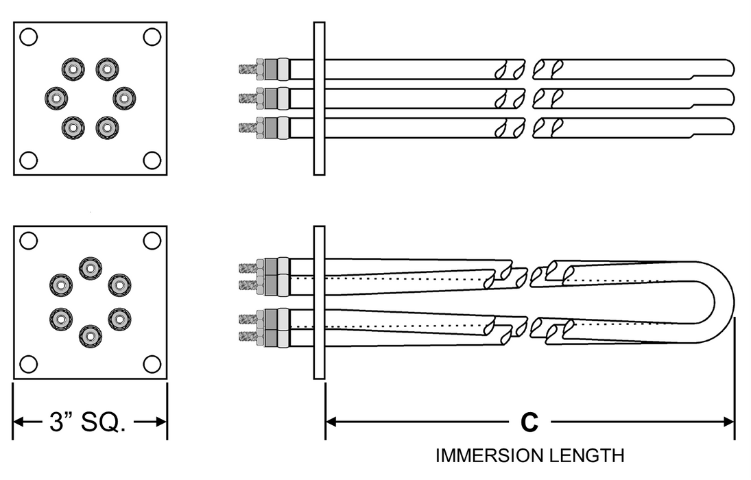 Model No: BPV-18023-22, 18000W @ 208V 22" Immersion Length Boiler Pressure Vessel / Vulcan Boiler Equivalent Replacement Elements With 3-1/8" SQ. Flange