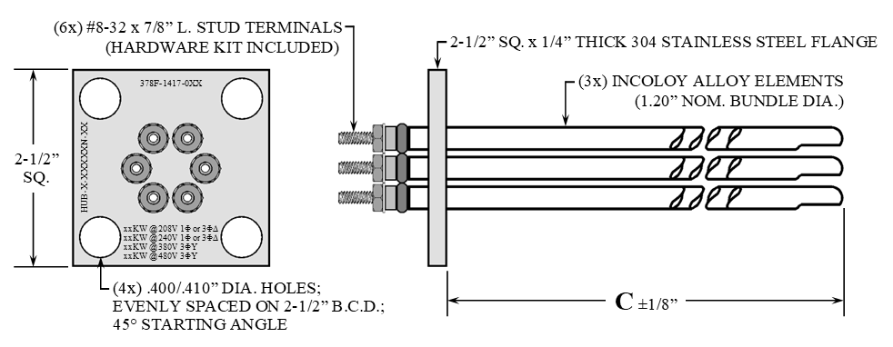Model HUB-8-38683N-13: 13" Immersion Boiler Replacement Element With 2-1/2" SQ. Flange