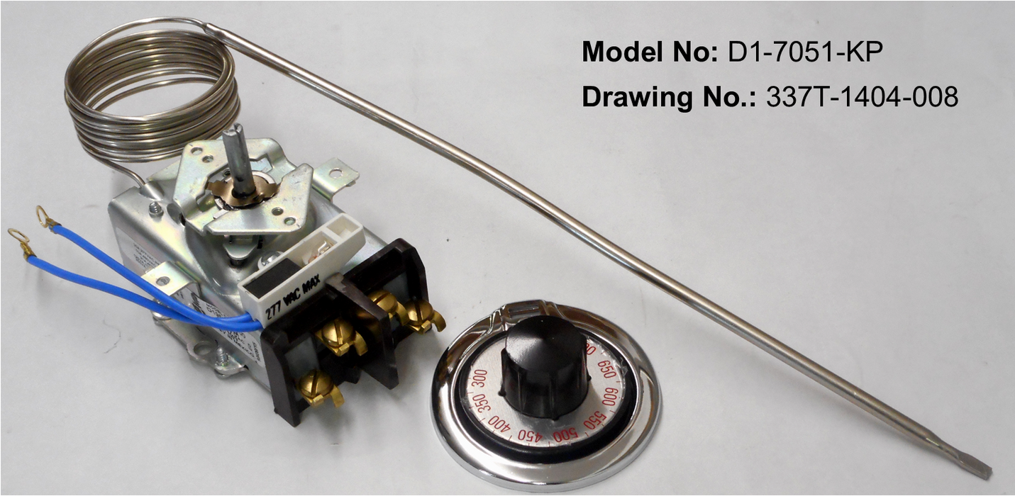 D1-7051-KP: 300°-700°F DPST Heating Line Voltage Mechanical Thermostat with Pilot Light, 120 to 480VAC