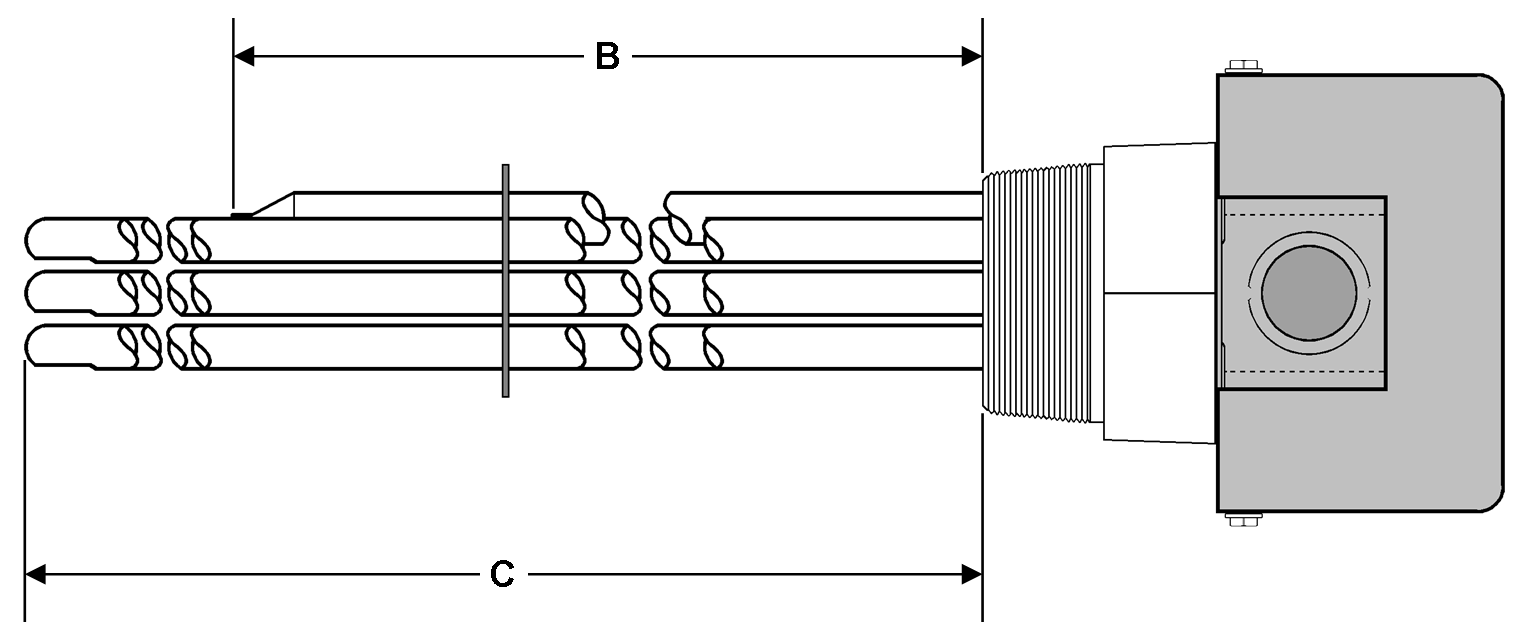 A-5023 Models: 5000W @ 208V 3-Phase 13" Immersion Length Non-regulated Incoloy Sheath With Brass 2" NPT Screw Plug Immersion Elements