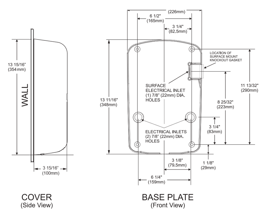 ThinAir® Excel TA-ABS Hand Dryer (110/120VAC) - White Polymer (ABS) Anti-Microbial Cover, Surface-Mounted ADA-Compliant, High-Speed Automatic Mounting Diagram