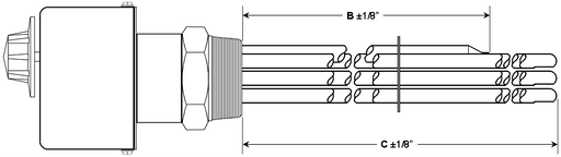 EA-3043-SSN Model: 3000W @ 240V, 3-Phase 9" Immersion Length Regulated Incoloy Sheath With Stainless Steel 2" NPT Screw Plug Immersion Elements