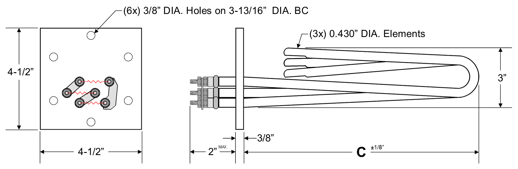 Model CES-12023: 12kW, 208V, 4-1/2" Square Flange Incoloy Alloy Boiler Replacement Element